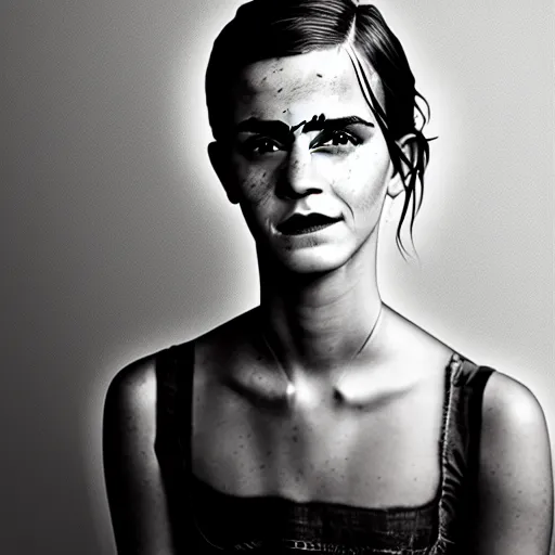 Prompt: A wet-collodion portrait of a Emma Watson who comes back from a horrific war, she stares into the distance as his eyes show glimmers of hope, depth of field, 50mm lens, studio lighting, high contrast