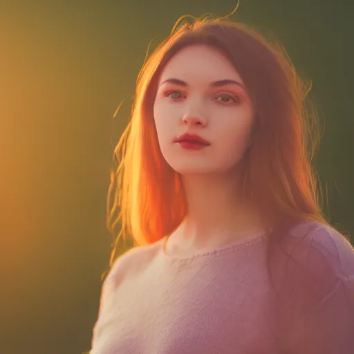 Prompt: beautiful hyperreal photograph of a cute woman,, golden hour, soft focus, medium shot, 8 k, portra 4 0 0