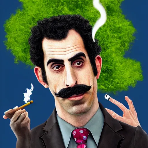 Prompt: Sacha Baron Cohen as borat smoking a giant rolled cannabis cigarette, caricature, smoke, amazing detail, digital art, artstation