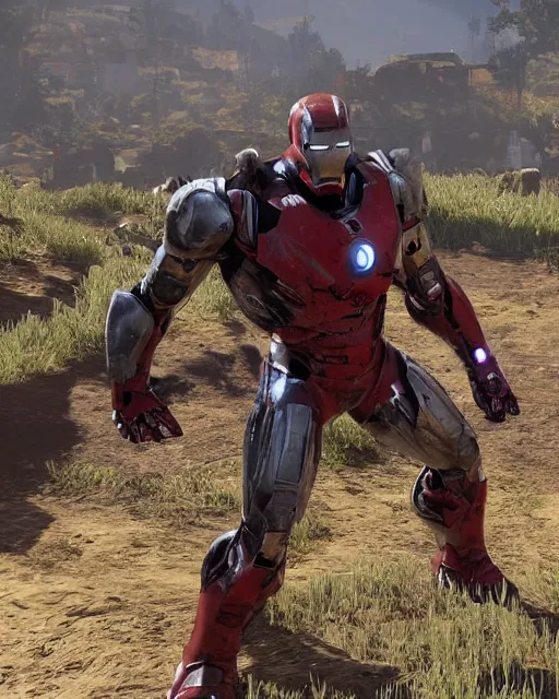 Image similar to robust and bulky iron man suit in red dead redemption 2, cinematic, photorealistic