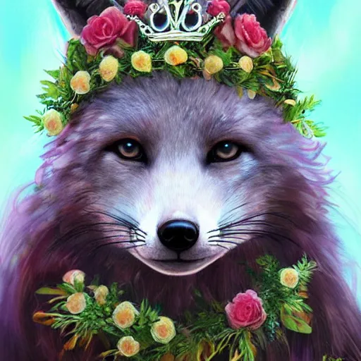 Prompt: fox wearing a tiara wreath flowers, fantasy art, trending on artstation, beautiful art, highly detailed