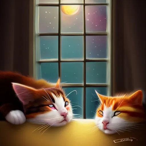 Image similar to two cute multi - colored calico cats with beautiful eyes sleeping inside a cozy home in the evening, stars shining in the night sky through the window,, artstation, cgsociety, storybook art