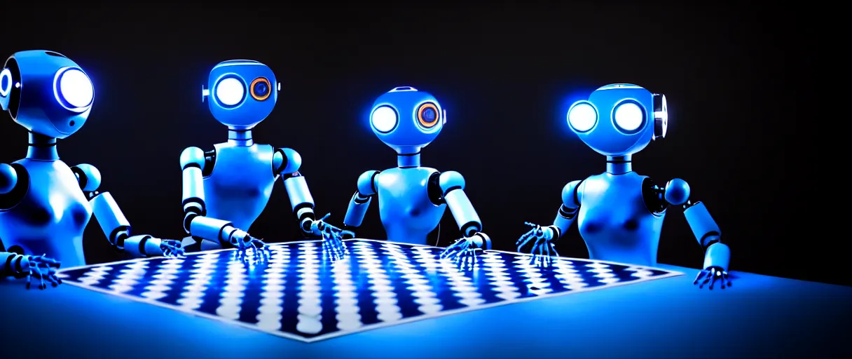 Image similar to a highly detailed photo of two futuristic matte blue full humanoid robots with glowing led eyes and chrome accents, sitting on large midcentury recliners facing off in an intense game of checkers. cinematic movie photograph, cinematic lighting, arri alexa, extremely detailed, smooth, very very clean, 8 k, octane render, maya render, unreal engine, trending on artstation, dslr
