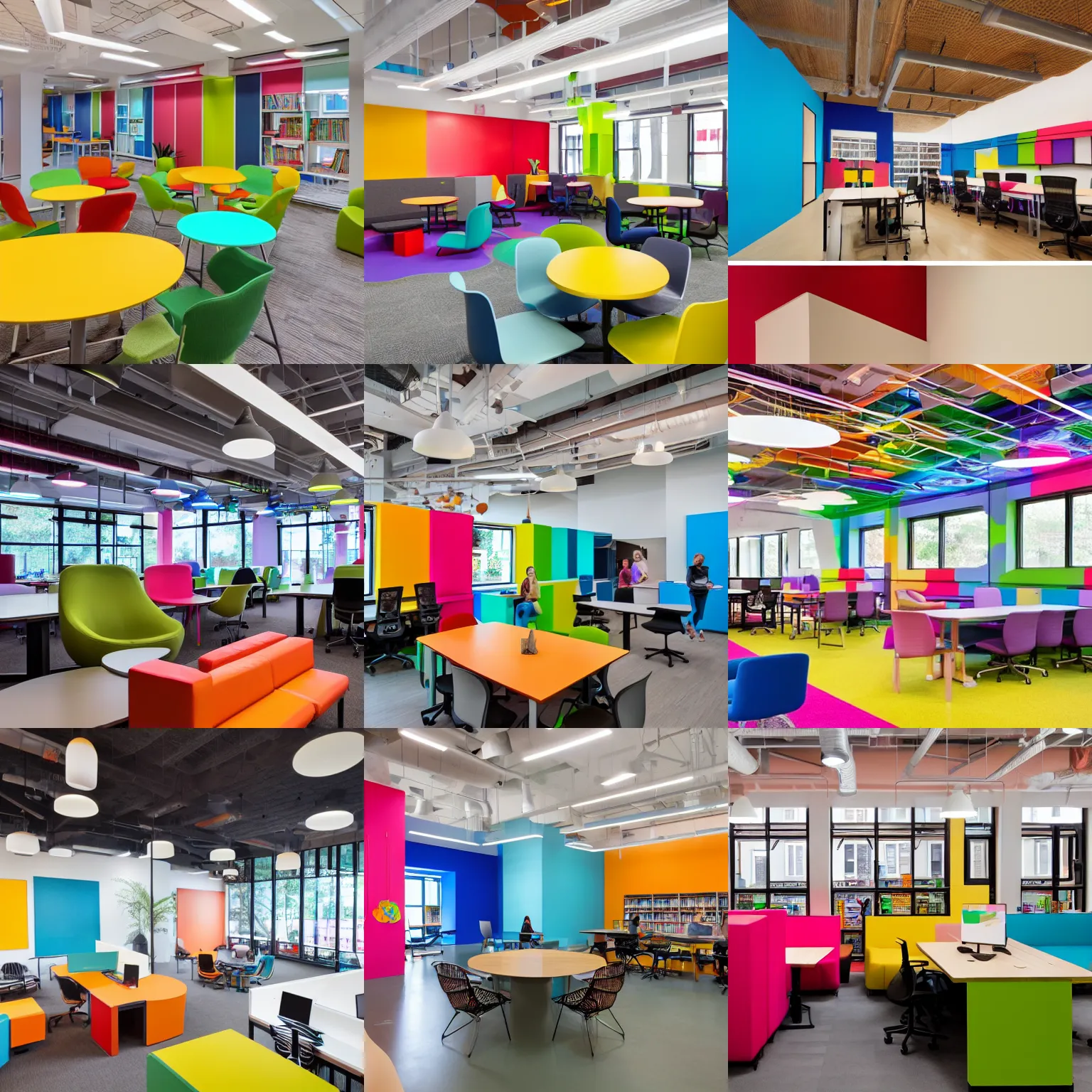 Prompt: colorful coworking space in a university with library, architectural photography, hd, 4 k / 8 k