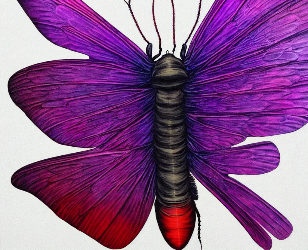 Image similar to beautiful matte airbrush of a fantasy bug insect wing on a white background, inspired by 8 0's airbrush illustrations, purple red and blue color palette, art by pater sato