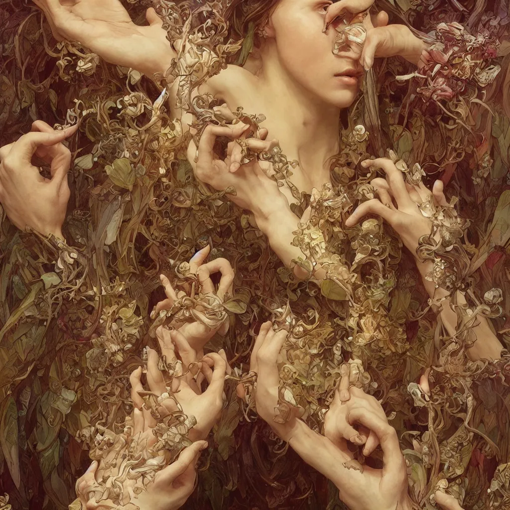 Prompt: too many hands, gnarled, so many hands, fingers, weird amount of hands, fantasy, intricate, elegant, highly detailed, digital painting, artstation, concept art, smooth, sharp focus, illustration, art by artgerm and greg rutkowski and alphonse mucha