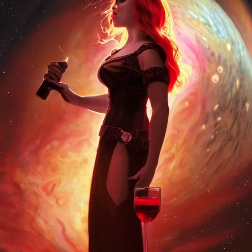 Image similar to a highly detailed matte portrait of scarlett johansson as a red haired vampire sorceress, drinking wine, standing in a space station and looking at jupiter, viewed in profile from far away, crackling green lightning, ultrawide lens, art by artgerm and greg rutkowski and alphonse mucha, volumetric lighting, octane render, 4 k resolution, trending on artstation, masterpiece