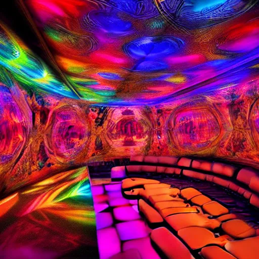 Prompt: underground cinema, psychedelic, colorfull lights, fractals, godrays