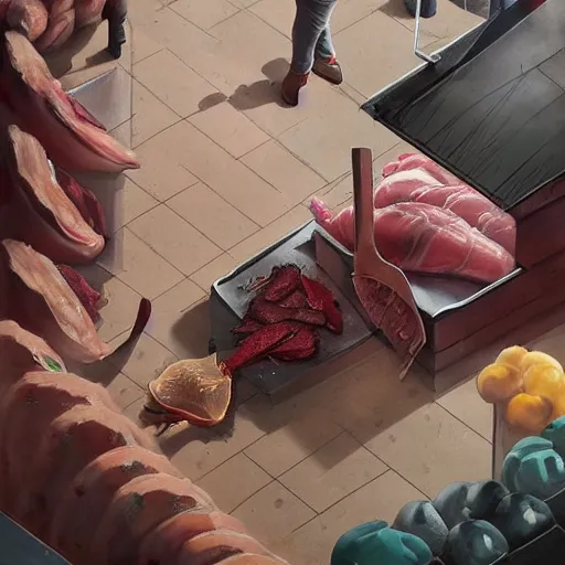 Prompt: low angle view of a butcher working, artwork medium shot, asymmetrical, profile picture, organic painting, night time, matte painting, bold shapes, hard edges, street art, trending on artstation, by huang guangjian and gil elvgren and sachin teng, from below, worms - eye - view, close - up!!!!!