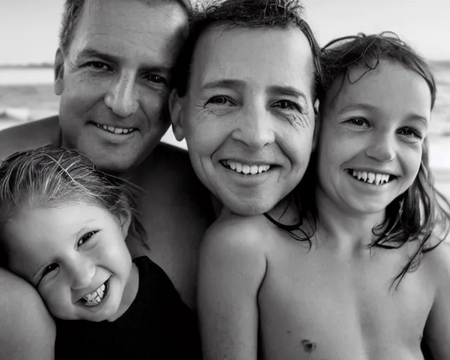 Prompt: portrait of a happy family at the beach, outdoor lighting, photo by annie leibovitz, realistic, smooth face, perfect eyes, wide angle, sharp focus