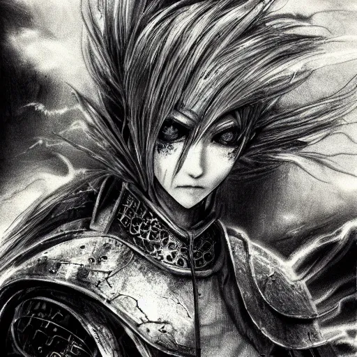 Image similar to Yoshitaka Amano realistic illustration of an anime girl with white hair and cracks on her face wearing dark souls armour with the cape fluttering in the wind, abstract black and white patterns on the background, noisy film grain effect, highly detailed, Renaissance oil painting, weird portrait angle