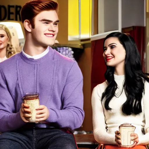 Prompt: Veronica Lodge, Archie Andrews and Betty Cooper sharing a milkshake