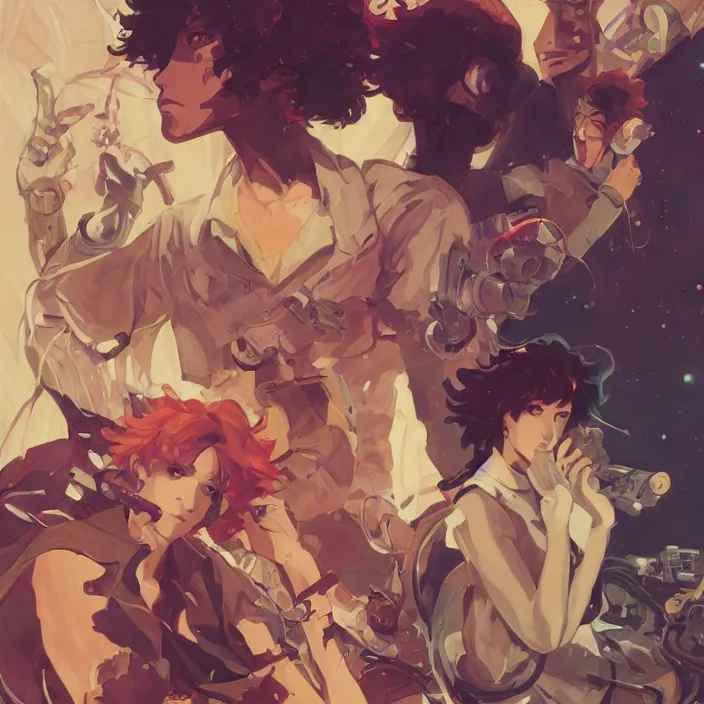 Image similar to anime portrait cowboy bebop, futuristic science fiction, mucha, hard shadows and strong rim light, art by jc leyendecker and atey ghailan and sachin teng
