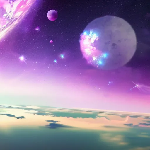 Image similar to anime style hd wallpaper of outer space horizon, glittering stars scattered about, lavender and pink colors