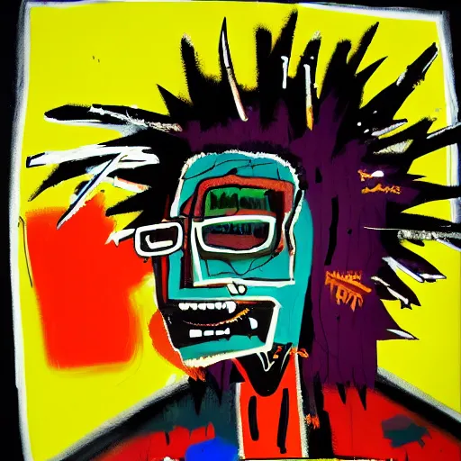 Image similar to Gritty neon splattered punk painting of an angled view of a man with a TV head, painted by Basquiat. Dark background. Trending on artstation