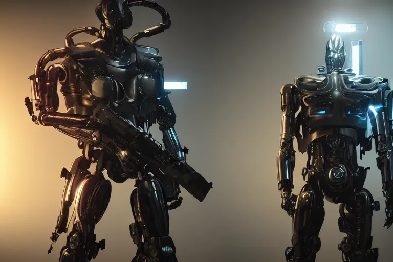 Image similar to cyberpunk alien concept inspired robot soldier with weapons, futuristic look, highly detailed body, very powerful, photorealistic camera shot, bright studio setting, studio lighting, crisp quality and light reflections, unreal engine 5 quality render