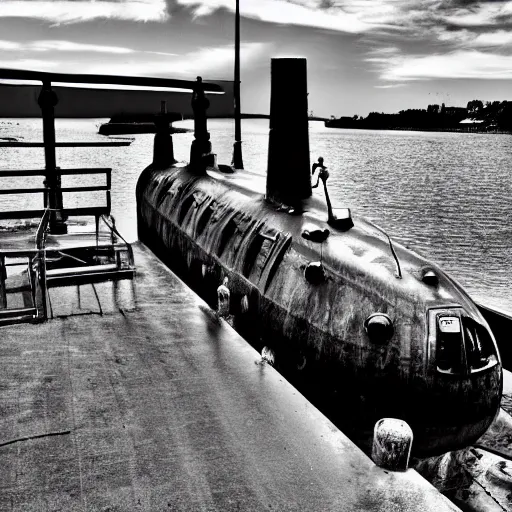 Image similar to Black and White photo of steampunk submarine at dry dock