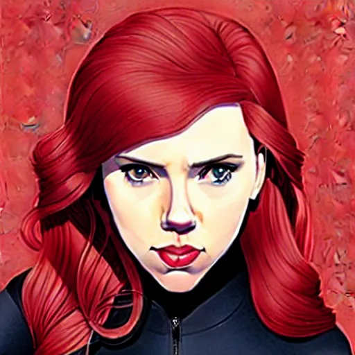 Image similar to phil noto, pretty scarlett johansson black widow, symmetrical eyes, long red hair, full body, city rooftop