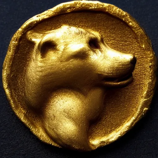 Image similar to an ancient roman gold coin with the face of a shiba inu, close up photo, ultra realistic, studio photo, bokeh. intricate details.