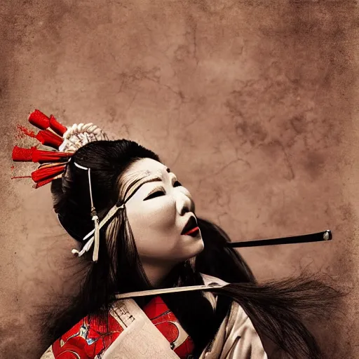 Image similar to geisha as a samurai, in battle, advertising photography