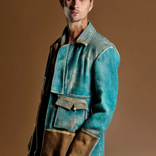 Image similar to an award - winning closeup photo of a male model wearing a baggy teal distressed medieval cloth menswear jacket by marc jacobs, 4 k, studio lighting, wide angle lens