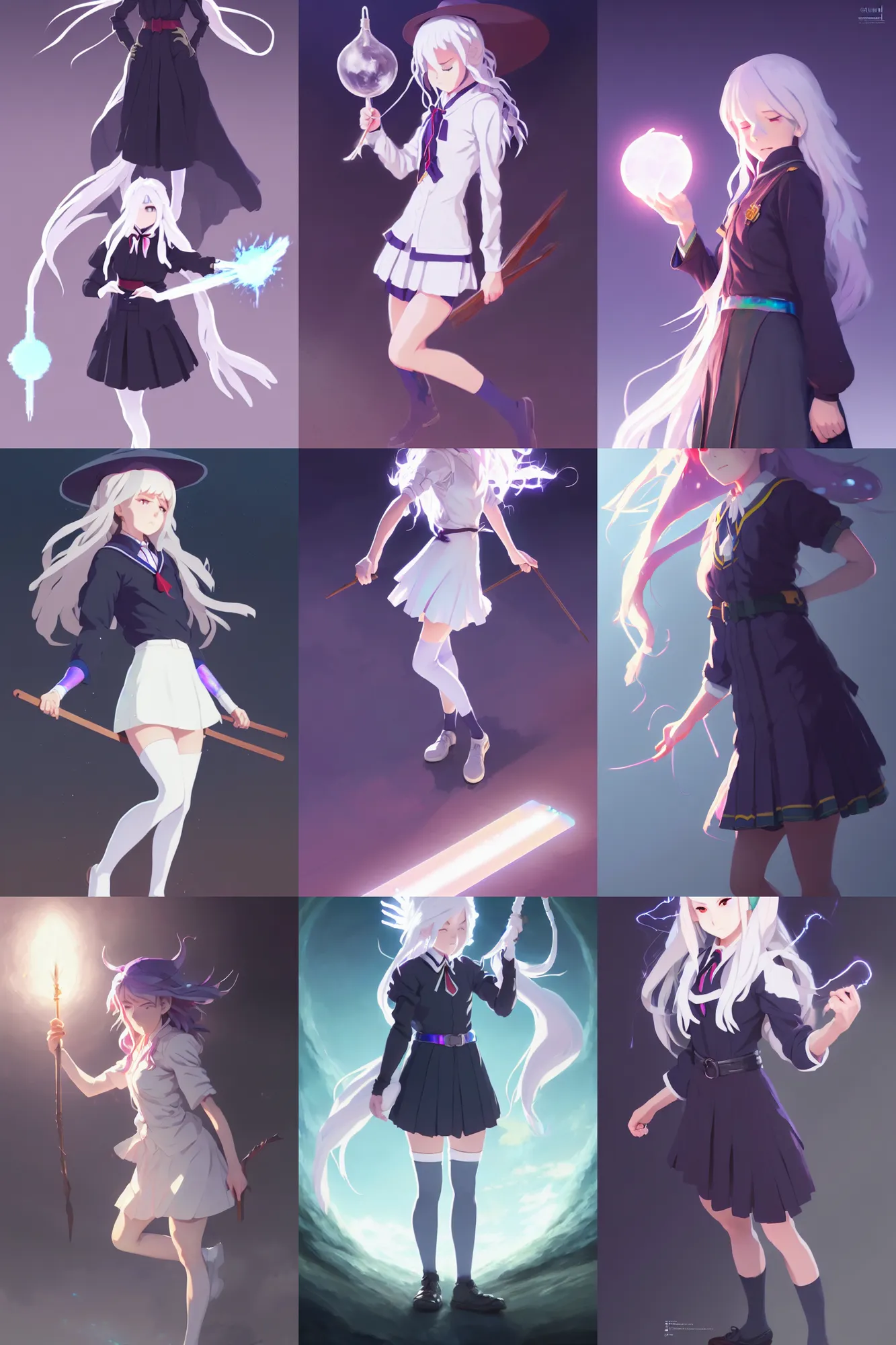 Image similar to visual novel sprite of female student witch by greg rutkowski, genshin impact, witch academia, magic school uniform, glowing white iridescent hair color, by studio ghibli, digital art, trending on artstation, hd, 8 k, highly detailed, good lighting, beautiful, masterpiece