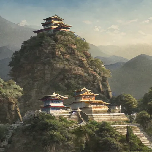 Prompt: concept art painting of a marble temple on top of a mountain, with greek and japanese architecture, overlooking a village in a valley, early morning, realistic, detailed, cel shaded, in the style of makoto shinkai and greg rutkowski and albert bierstadt and james gurney