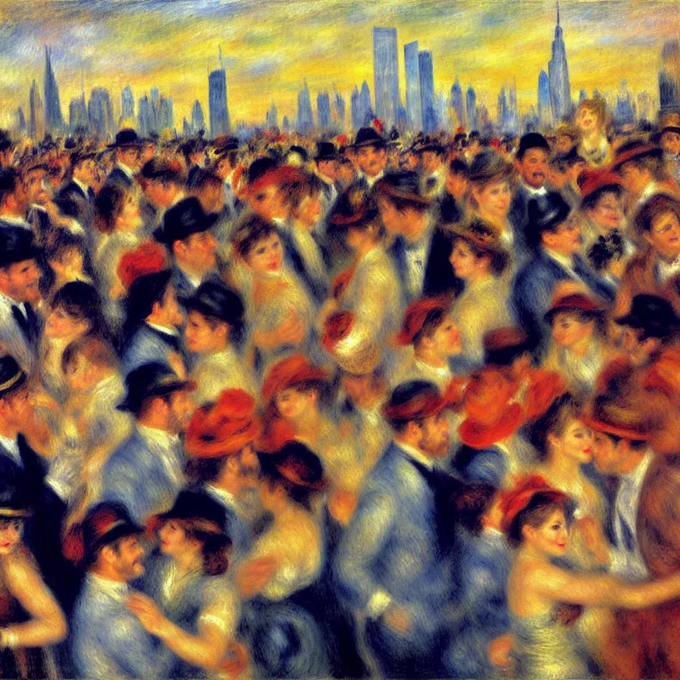 Prompt: renoir painting impressionist exhibition. vivacious joyful atmosphere popular dance new york rooftop twilight. the study of the moving crowd, bathed natural and artificial light, handled using vibrant, brightly coloured brushstrokes. a somewhat blurred impression scene. portrayal popular millenial life. foreground in shadow. 8 5 mm lens. focus. perspective. skyline background. city lights.