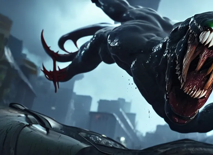 Image similar to venom fused with hulk, ultra realistic 4 k unreal engine very cinematic render with ray tracing bloom ambient occlusion strong reflections depth of field fog