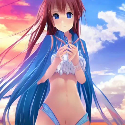 Image similar to a very beautiful young yuuki asuna taking a selfie on 9 / 1 1, full body, long wavy hair, sky blue eyes, full round face, bikini, miniskirt,, cinematic wallpaper