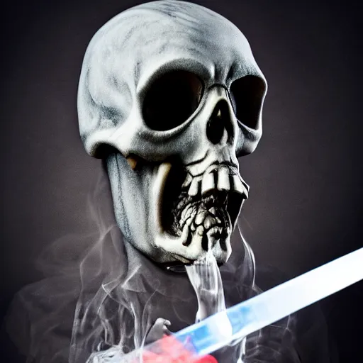 Image similar to a stoned grim reaper exhaling a large hit from his crystal bong, award winning composite photography