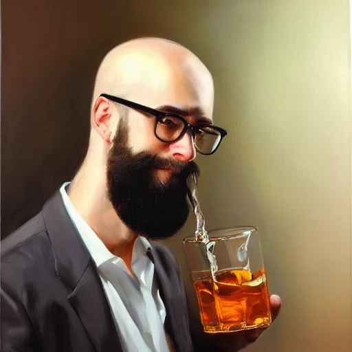 Prompt: oil painting, portrait of a young bald bearded man wearing glasses drinking whiskey, highly detailed, trending on artstation
