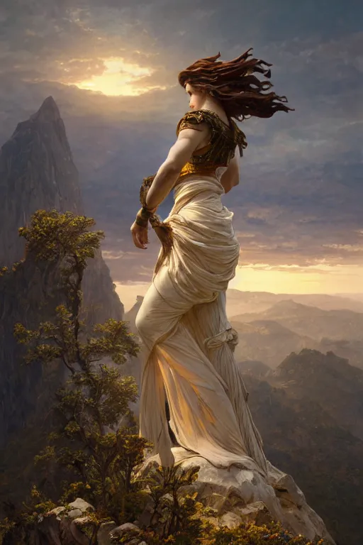 Image similar to an ultradetailed colossal magnificent mountain sized sculpture of an elegant woman, fine detail, sunrise on the horizon in the background, stone hand raised up, 8 k, art by greg rutkowski and alphonse mucha and andreas rocha and albert bierstadt