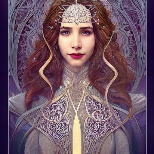 Image similar to head-on symmetrical centered painted portrait, Mahira Khan as a D&D wizard, art nouveau, medieval robes, fantasy, intricate, elegant, highly detailed, smooth, sharp focus, illustration, artstation, in the style of Artgerm and Anna Podedworna and Alex Ross and Mucha