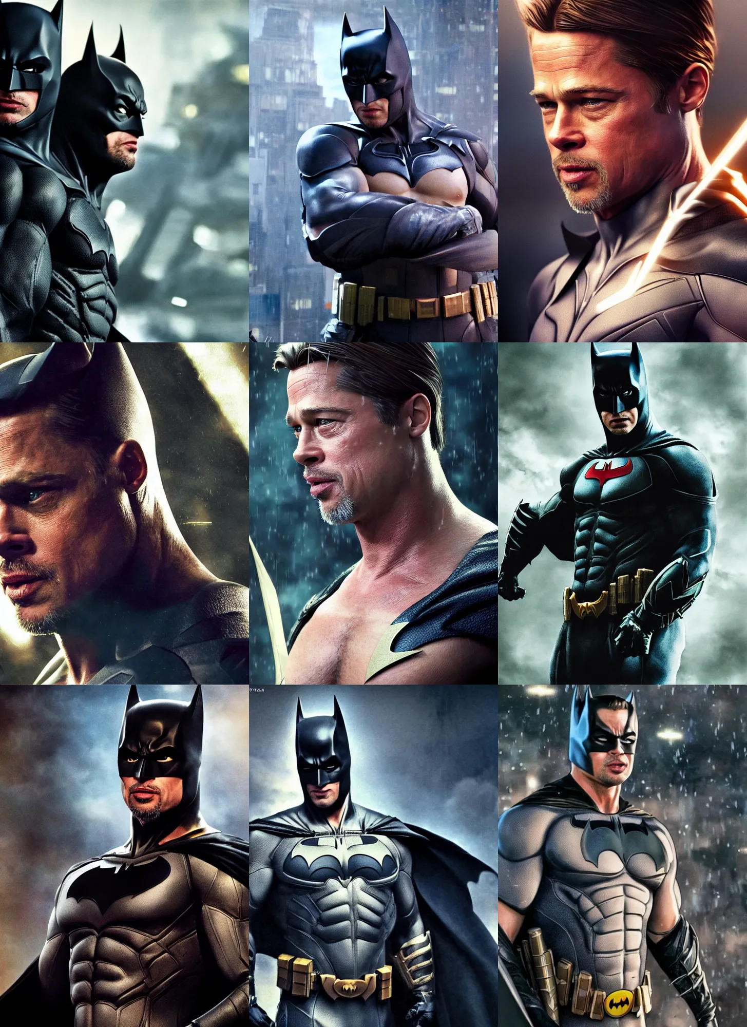 Prompt: brad pitt as batman, cinematic shot, 8 k, art by artgerm and greg rutkowski and alphonse mucha, movie screenshot