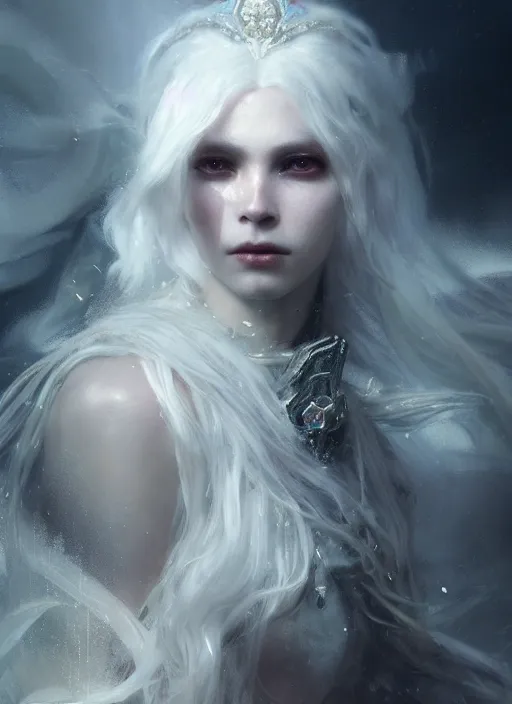 Image similar to a beautiful white haired princess, adorned with precious stone jewelry, intricate concept art, ethereal, ominous, gorgeous dark fantasy, misty, dramatic lighting, octane render, 8 k, ruan jia and jeremy mann and alphonse mucha