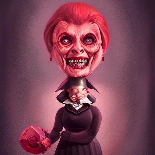 Prompt: Dolores Umbridge evil with red eyes and sharp teeth, highly detailed, digital painting, artstation, concept art, smooth, sharp focus, studio light, by Anato Finnstark,