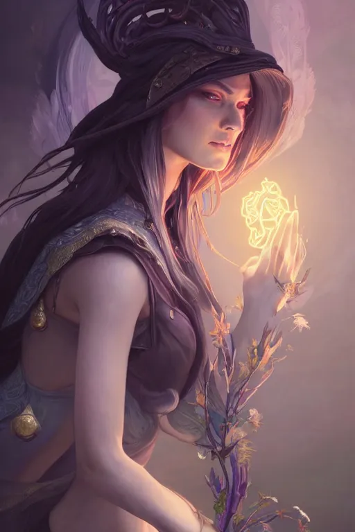 Image similar to beautiful sorceress, accurate anatomy, only two hands, highly detailed, digital painting, artstation, concept art, smooth, sharp focus, illustration, Unreal Engine 5, 8K, art by sakimichan, Artgerm, Ross Tran, greg rutkowski and alphonse Mucha