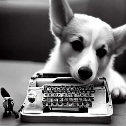 Prompt: A corgi writing on a type writer, old school