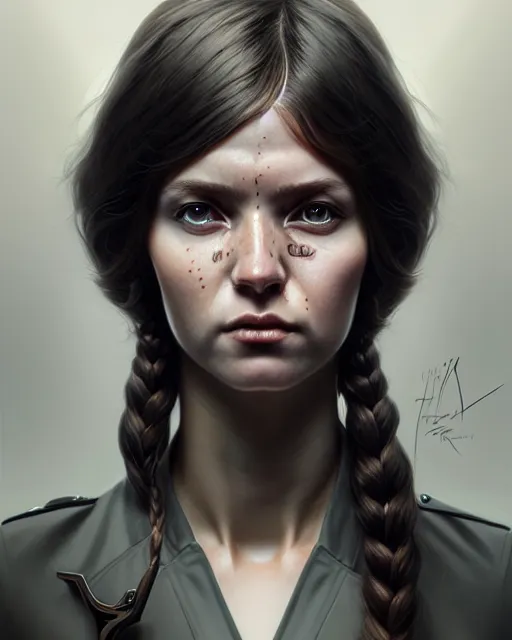 Prompt: hyper - realistic portrait of a female hunter, symmetrical face and body, symmetrical composition, dynamic wavy hair, detailed designs, digital painting, 4 k, by ilya kuvshinov, by greg rutkowski, atmospheric lighting