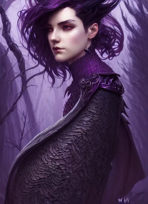 Image similar to award winning book cover, side portrait dark witch, adventurer outfit large cloak, fantasy forest landscape, dragon scales, fantasy magic, undercut hairstyle, short purple black fade hair, dark light night, intricate, elegant, sharp focus, illustration, highly detailed, digital painting, concept art, matte, art by WLOP and Artgerm and Greg Rutkowski and Alphonse Mucha, masterpiece