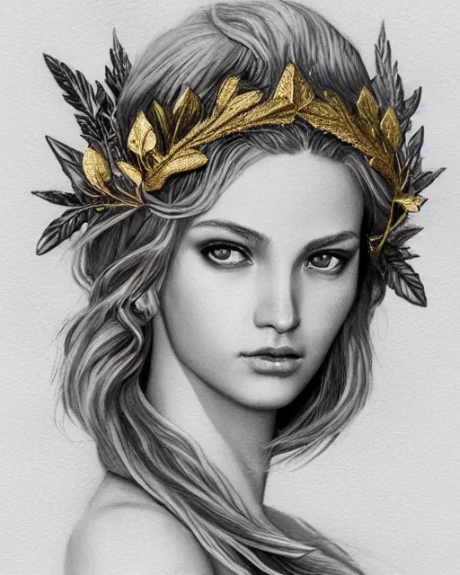 Prompt: front view of beautiful aphrodite greek goddess wearing a gold laurel wreath and triangle earrings, realism tattoo sketch, beautiful piercing eyes with sharp pupils, beautiful blonde hair, in the style of greg rutkowski, fantasy, amazing detail, epic, elegant, smooth, sharp focus