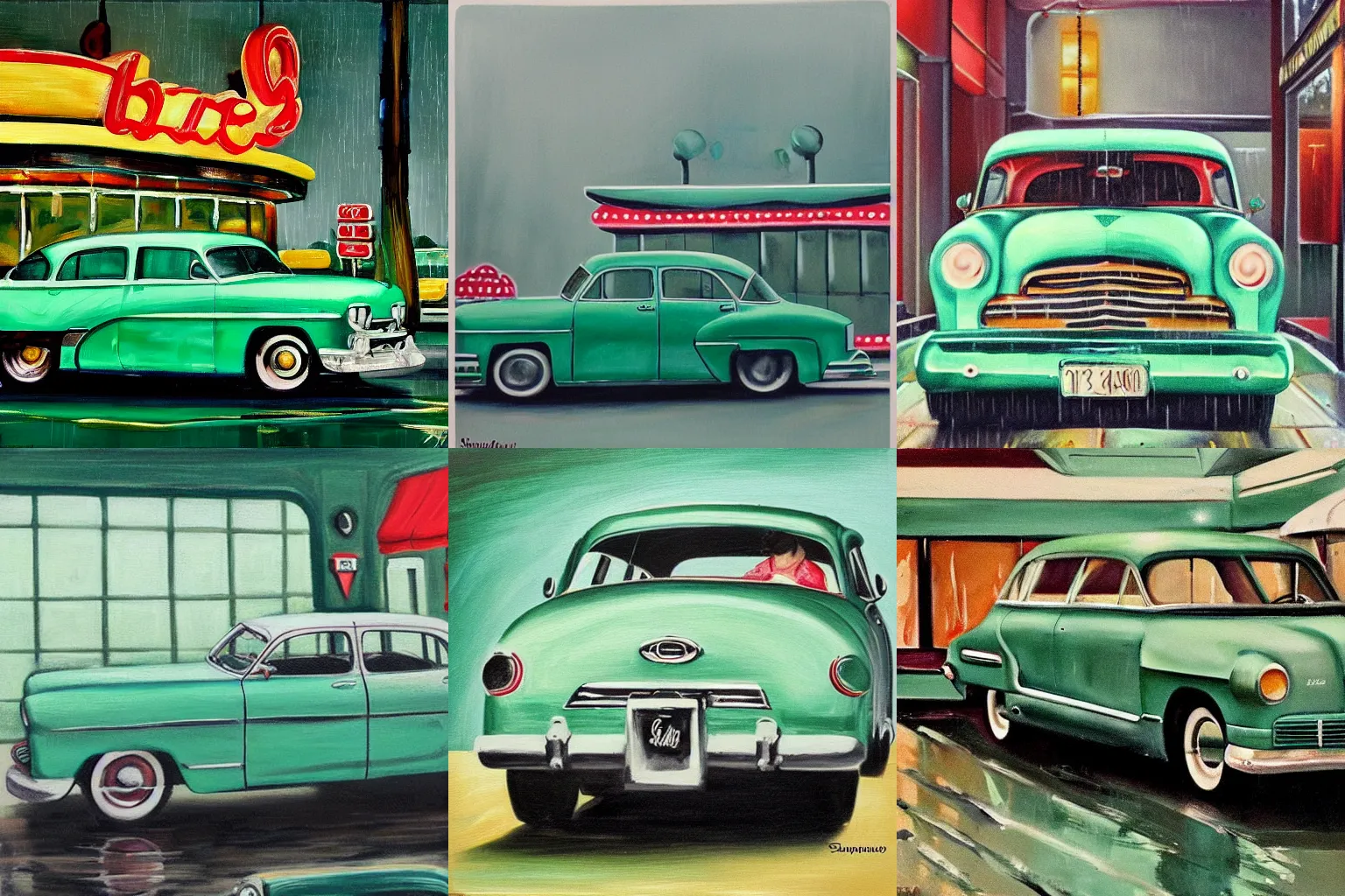 Prompt: 1950s diner in the rain with dim moody lighting, old seafoam green car, painting retro