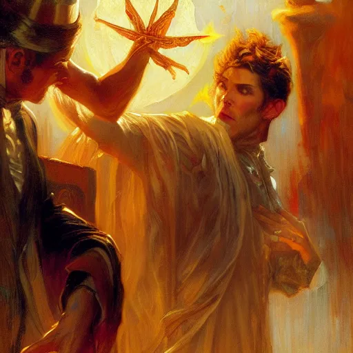 Image similar to attractive magician casts dark spell, summoning attractive lucifer morningstar. highly detailed painting by gaston bussiere, craig mullins, j. c. leyendecker 8 k