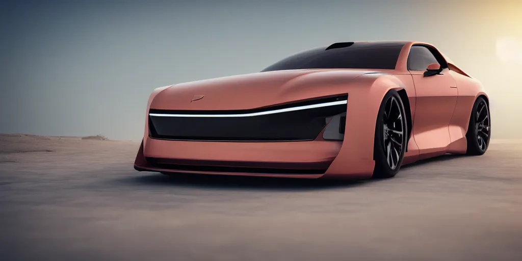 Image similar to a design of a futuristic race car, lifted off-road tires, designed by Polestar and DMC, vaporwave sunrise background, brushed red copper car paint, black windows, dark show room, dramatic lighting, hyper realistic render, depth of field