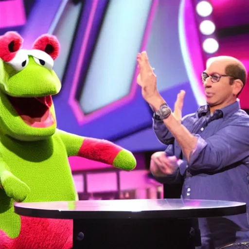 Image similar to barney the dinosaur wrestling steve from blues clues on the set of american idol, simon cowell standing and clapping his hands,