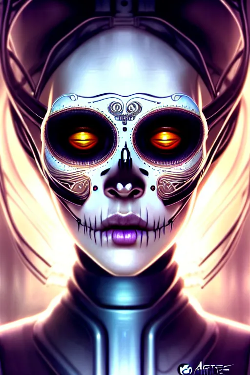 Image similar to ultra detailed portrait of a female android, eyes closed, sci - fi, moody, calm, ( dia de los muertos ), asymmetrical, intricate concept art, art by artgerm and giger and michael welan and alphonse mucha and loish and wlop