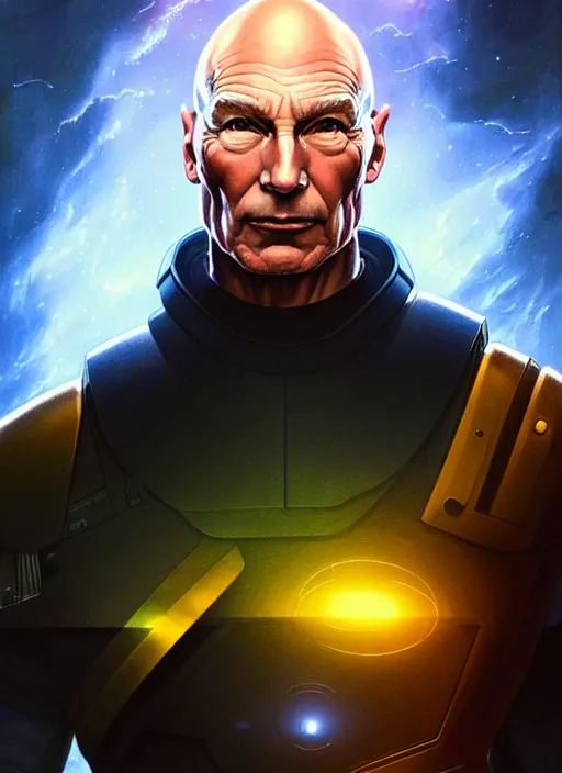 Image similar to Symmetry!! portrait of Captain Picard, warrior in sci-fi armour, tech wear, muscular!! Glowing lights!! sci-fi, intricate, elegant, highly detailed, digital painting, artstation, concept art, smooth, sharp focus, illustration, art by artgerm and greg rutkowski and alphonse mucha