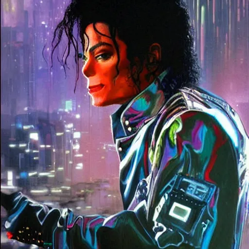 Prompt: Michael Jackson in a cyberpunk world reflecting at everyones mind