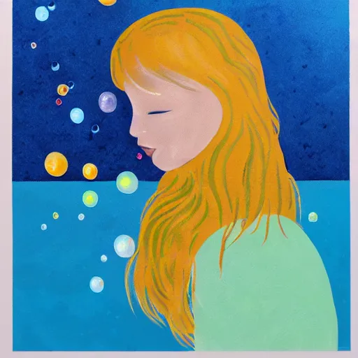 Image similar to young woman dreaming of bubbles and fish, concept art, gouache